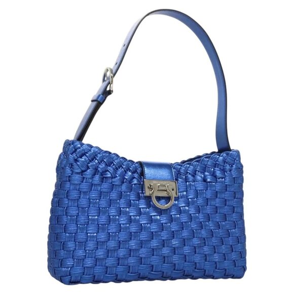 Salvatore Ferragamo Gancini Shoulder Bag Leather Blue Silver Auth 128561V - Picture 1 of 15